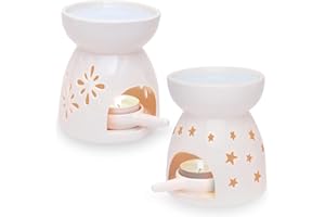 ‎LIGANO Ligano Ceramic Oil Burner - Aroma Lamp with Tea Light Holder - Flowers and Stars Pattern (Set of 2)