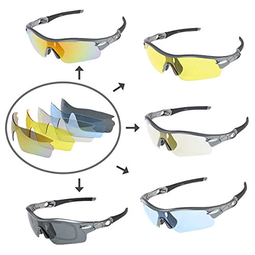 Unisex Radbrille Sportbrille Sonnenbrille, UV-Schutz, 5 Wechselgläser inkl. Schwarze polarisierte Linse, für Outdooraktivitäten wie Radfahren Laufen Klettern usw. - 3