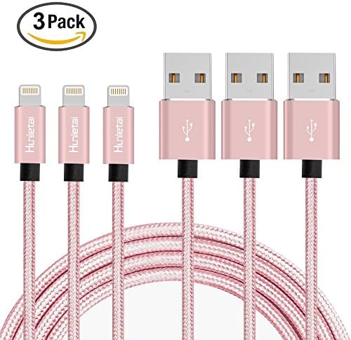 Hunletai iPhone Cable [3-Pack 1M/3.3ft] Nylon Braided Lightning Cable Quick Charge and High Speed Data Sync for iPhone X /8 /8Plus /7 /7 Plus /6 Plus /6s /6s Plus /5 /SE, iPad Pro /Mini - Rose Gold