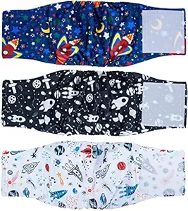 Pet Soft Washable Belly Bands (Pack of 3) - 2021 Latest Washable Male Dog Diapers, Comfort Reusable Male Dog Belly Wraps Diapers for Doggy Puppies (XS, Space)