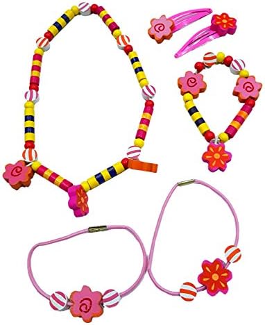 Traditional Childrens 4 Piece Wooden Flower Power Charm Jewellery Gift Set - Necklace, Bracelet, 2 Hair Clips &amp; 2 Hair Bobbles