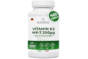 ‎BANDINI Bandini® Vitamin K2 MK-7 200µg (mcg) VEGAN | 400 Mikrotabletten | K2 rein natürliches Menachinon 7 | All-trans Gehalt >99,7% Vitamin K 2 | Blut- und Knochengerinnung | 1 Tablette pro Tag für 1 Jahr