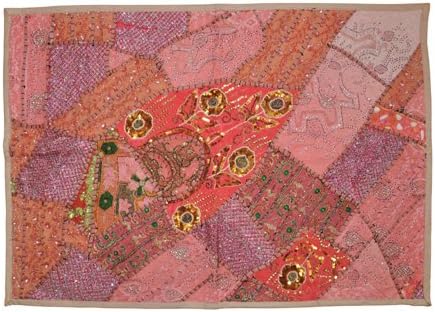 Indian Decorative Wall Hanging Tapestry With Graceful Sequins Beads Mirrors, Zari Silk Thread Embroidery &amp; Multicolour Old Sari Patch Work, 60 X 90 Cm