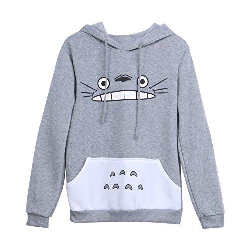Double Villages Totoro Sweat à Capuche Chemise Unisexe Pull Anime Mon Voisin Totoro Manches Longues Polaire Sweat à Capuche avec des Oreilles Gris (XL)