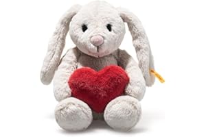 Steiff Hoppie Hase mit Herz 16cm hellgrau, Plüschtier Hase mit Schlappohren, Soft Cuddly Friends, flauschiges Stofftier zum Kuscheln und Spielen, Kuscheltier für Mädchen und Jungen, waschmaschinenfest