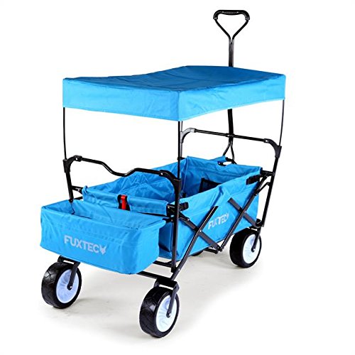 FUXTEC Bollerwagen BW-100 Türkis Blau mit Bremse, Breitreifen, Dach, Hecktasche - 6