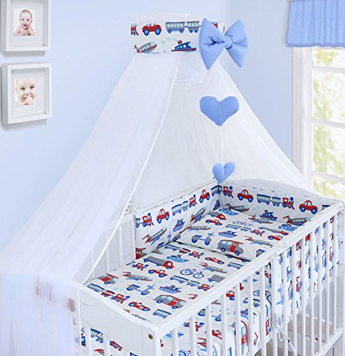 LUXURY 10Pcs BABY BEDDING SET COT BED PILLOW DUVET COVER BUMPER CANOPY to Fit Cot Bed Size 140x70cm 100% COTTON (Vehicles)
