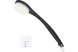 ROLIZOE Cepillo trasero de mango largo para ducha, cepillo de cerdas suaves, cepillo de baño ergonómico curvado de mango largo, exfoliante corporal con gancho y cordón, color negro