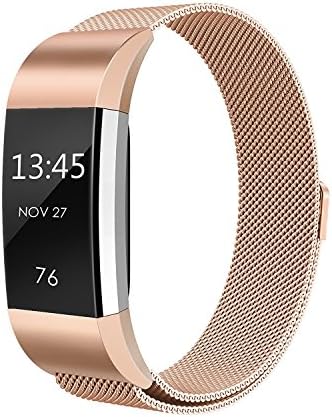 Fitbit Charge 2 Strap Band replacement, einBand Milanese Loop Stainless Steel Metal Bracelet Strap with Unique Magnet Lock for Fitbit Charge 2 Rosegold, Large