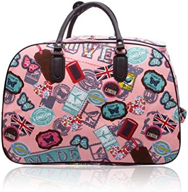 NEW Ladies Travel Holdall Bags Hand Luggage Womens Butterfly Weekend Wheeled Trolley Handbag (Pink)