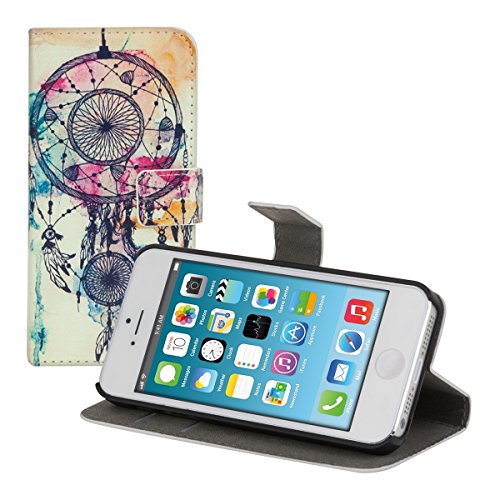 kwmobile Funda para Apple iPhone SE   5   5S - Wallet Case plegable de cuero sint  tico - Cover con tapa tarjetero y soporte Dise  o atrapasue  os desdibujado en multicolor azul blanco