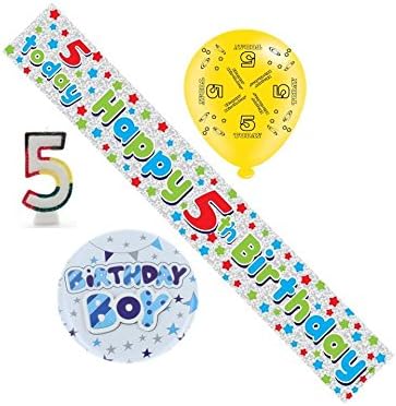 Age 5 Boy Birthday Party Pack - 5th Banner, Balloons, Number Candle