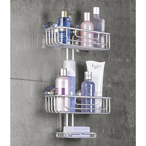 mDesign Duschregal fürs Badezimmer aus Aluminium mit Saugnäpfen – 3 Ebenen – Duschablage für Shampoo, Conditioner, Duschgel und weiteres Badzubehör – Extragroße Duschaufbewahrung – Farbe: Silber - 3