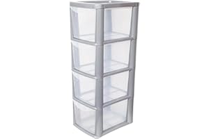 KYY'Z KYY’Z 4 Drawer Storage Unit Rattan Effect A5 Medium Plastic Storage Drawer Unit 4 Tier Storage Cabinet Chest Tower Home Kitchen Office School Garage Living (Silver/Clear, 4 Drawers Medium)
