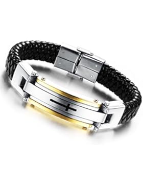 cupimatch Herren Jewellry Fashion Schwarz geflochten Leder Edelstahl Religiöse Kreuz Manschette Armreif Armband