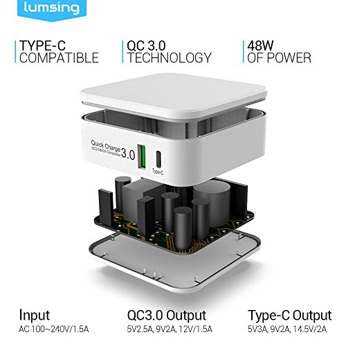 Lumsing Dual Port Quick Charge 3.0 und Typ-C Wandladegerät für Apple Macbook, Google Nexus 6P, HTC 10, Galaxz S7, LG G5 und andere Geräte(Weiß) - 6