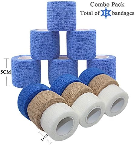 STpro Self Cohesive Bandage 5cm 2.5cm 15 Rolls White Blue Skin-Waterproof Bandages for Swimming Athletic Bandage Vet Tape Cohesive Crepe Bandage Non-woven Elastic Bandage Flexible Support Bandage