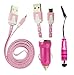 Price comparison product image Emartbuy Polka Dots Range Trio Pack For Echo Java / Echo Star / Echo Wiz Smartphone - Hot Pink USB Car Charger + Hot Pink Mini Stylus + Polka Dots Baby Pink / White Flat Micro USB Cable