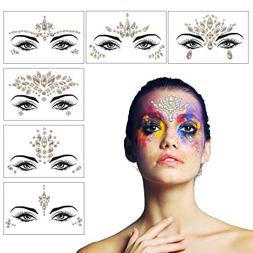 CHIFOOM Pegatinas Cara Brillantes 6pcs Maquillaje Facial Joyas Sirena Face Gems Stickers Festival de Música Discoteca Bar Carnaval Exposición DJ Celebración Fiesta para Mujeres Chicas