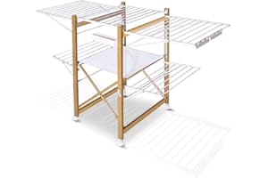 VOUNOT® Séchoir à Linge Deluxe Grande Capacité avec Roulettes et Maille Etendoir Extensible Pliable Multifonction Imitation Bois 30m de Séchage pour Usage Intérieur 180x105x61cm Blanc