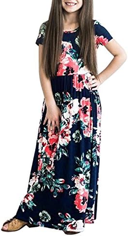 JYC Clearance Girls Flower Sleeve Pleated Casual Swing Long Maxi Dress With Pockets Kid Flower Print Princess Party Dress Outfits Clothes (Navy, 5 Years)