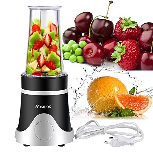 Homdox Mini Mixer Smoothie, 4 Edelstahlmesser mit Saftbecher, Grinding Cup, Seal Ice Cup und 2 Spare Lids, Standmixer Set 250W
