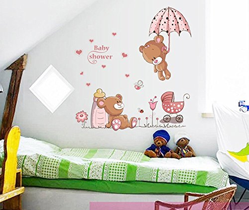 ufengke® Osos Lindos del Bebé y Flores Paraguas Pegatinas de Pared, Vivero Habitación de Los Niños Removible Etiquetas de La Pared / Murales