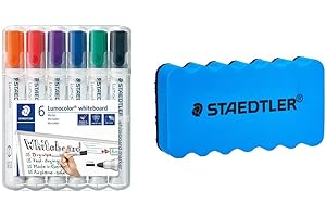 STAEDTLER - Lumocolor whiteboard marker 351-6 marqueurs effaçables - Pointe ogive 2mm + 1 brosse magnétique pour effaçage à sec
