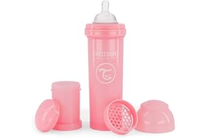 Twistshake Biberón Anticólicos con Recipiente para Leche y Mezclador, 330ml | Tetina Silicona Flujo Rápido Forma Pecho | Sin BPA | Para Bebés Mayores de 4 Meses | Rosa
