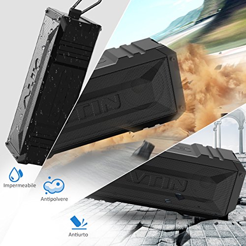 Altoparlante Bluetooth 20W, VTIN Cassa Bluetooth 4.0 Portatile IPX4 Impermeabile, Crashproof, Speaker Senza Fili con Incorporato Microfono e Doppia Cassa, Tempo di Riproduzione di 25 Ore, Raggio di Connessione Bluettoth di 10 Metri, Ingresso Aux-in, per iPhone Smartphone Android e Tablet PC, Nero