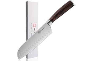 KEEMAKE Coltello Santoku 18cm, Coltello Giapponese in Acciaio Alto Tenore di Carbonio, Coltelli da Cucina Professionali, Coltello Cucina con Manico in Legno, per Verdure Pesce Sushi