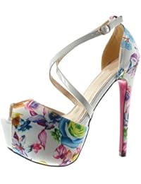 Angkorly Zapatillas Moda Tacón escarpín Sandalias stiletto plataforma sexy mujer flores tanga Talón Tacón de aguja alto 15 CM