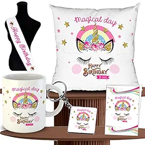 ODDCLICK Unicorn Happy Birthday 5 in 1 Combo Gifts Set - Cotton Cushion with Filler, Mug, Keychain, Greeting Card, Sashe, Keychain (5 in 1 Combo)