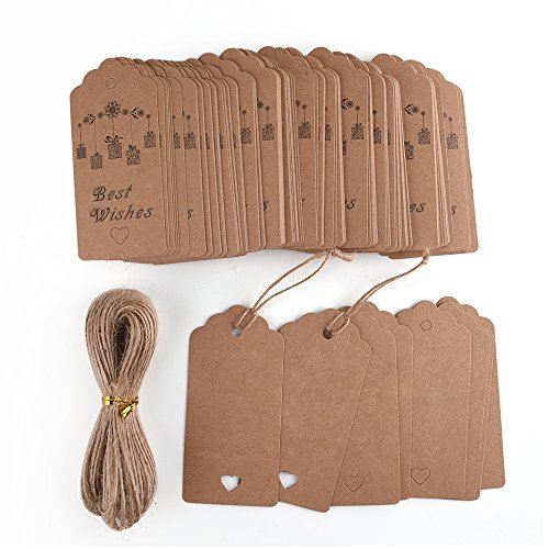 Kuuqa 100PCS Geschenk-Tag Kraftpapier-Geschenk-Umbauten Eine Unbelegte Seite für Danksagungs-Feiertags-Geburtstags-Hochzeits-Geschenke 20m / 67 Füße Natürliche Jute-Schnur - 7