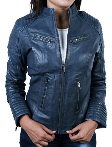Preisvergleich Produktbild Coole Kurze Biker Damen Lederjacke LB01, Blau, Große : 3XL