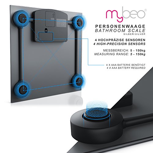 MyBeo – Digitale Personenwaage / Körperwaage | im Slim Design | max. 150kg | 4x DMS Mess-Sensoren | Kg, lb, st Einheit wählbar | 3,5″ (8,9cm) LED-Display - 3