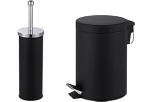 iTrend 3L Pedal Dustbin and Toilet Brush with Holder set - Bathroom Accessory - Powder Coated Steel Bin with lid - Toilet Brush with Stainless Steel Handle, Round Lid and Dense Bristles - Black