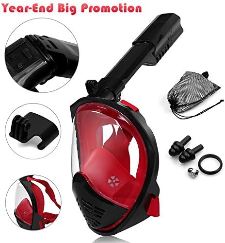 HEROUNION® Cambered Surface 5th Foldable Anti-Fog Anti-Leak Snorkel Mask Full Face GoPro Compatible 180° Panoramic View Diving Mask Set For Kids And Adults (Black Red S/M)