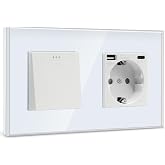 BSEED Wall Switch with White Plug, 1 Gang 2 Way Switch Switch+16A Schuko Plug with 1 Type-C Port and 1 USB Ports, 16A