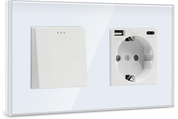 BSEED Interruptor de pared con Enchufe Blanco,1 Gang 2 Vías Interruptor conmutador+16A Schuko Enchufe con 1 Puerto Tipo C y 1 Puertos USB,16A