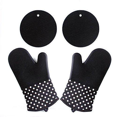 AHOMME Hitzerbeständige Ofenhandschuhe, Silikon + Baumwolle, Topfhandschuhe, Backhandschuhe,2x Pack (schwarz)
