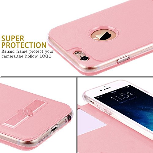 TOTU Touch Series Folio Flip PU Leather Smart View Window Case Cover with Kickstand and [Metal Sensor] for Apple iPhone 6 Plus / iPhone 6S Plus 5.5 inch (Rose gold)