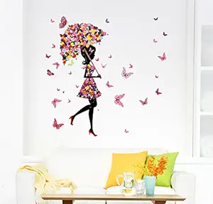 Decals Design Floral Umbrella Girl and Butterflies Wall Sticker (PVC Vinyl, 50 cm x 70 cm x 1 cm, Multicolour)