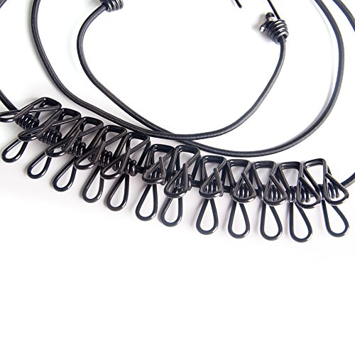 Flexible Wäscheleine justierbare Wäscheleine mit 12pcs Wäscheklammern für im Freien und Innengebrauch,180-360cm (Schwarzes) - 4