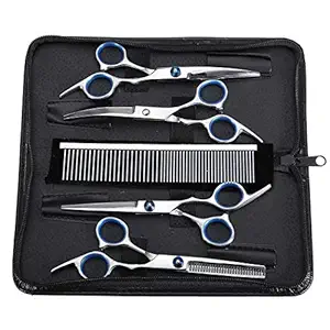 KITTY FLEX Pet Grooming Scissors Set, Professional 5 Pieces Stainless Steel Pet Trimmer Kit Used for Dog or Cat with 6.6-inch Cutting Scissors, Thinning Shear, Curved Scissors, Grooming Comb