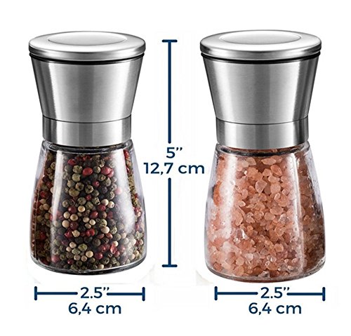 Salz- und Pfeffermühle Salz- und Pfeffermesser Set Gebürsteter Edelstahl und Glaskörper mit manuell verstellbarem Keramikschleifer zur verstellbaren Grobheit mit passendem Edelstahl Ständer Küchenzubehör Kochen Werkzeuge Gewürzmühle Grinder-Set von 2 - 4