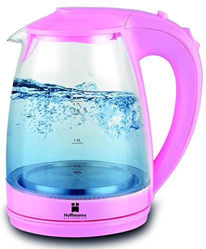 HOFFMANNS 1,7 Liter Glas-Wasserkocher mit LED-Beleuchtung - kabelloser Glaswasserkocher im edlen Design (Pink)