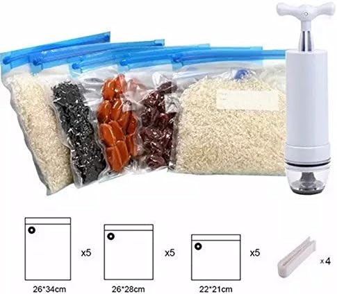 Food vacuum storage bag / Including 15 PA food vacuum bags / 1 Hand Pump, 4 Sealing Clips / Keep Food Saver Longer-Storage / Reusable / Practical / Easy To Use / Environmental Friendly / Keep Food Fresh and Tasty