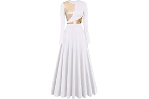 IMEKIS Women Metallic Gold Praise Dance Dress Color Block Belt Long Sleeve Liturgical Worship Costume Church Robe Praisewear