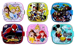 Perpetual Bliss Fancy Disney Theme Square Lunch Box Double Layer for Kids Return Gifts |Dimension|cm: 13x13x10 (Pack of 6)